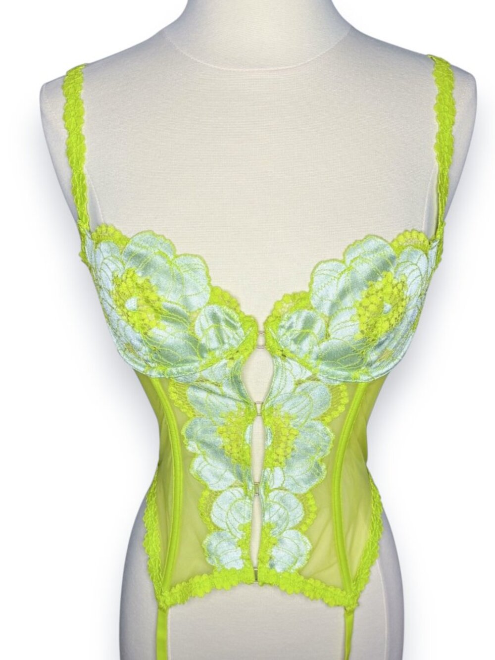 Savage X Fenty Perfect Poppies Lime Green Sheer Mesh Lace Bustier Corset Top M